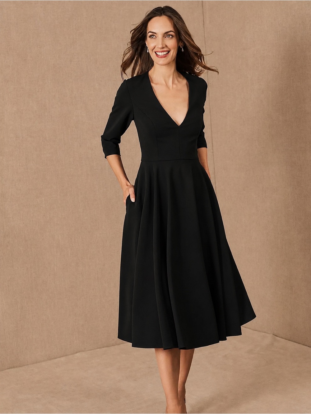 BHLDN | Black V-Neck Valdis Midi Wedding Guest Dress with Pockets ~ US 6